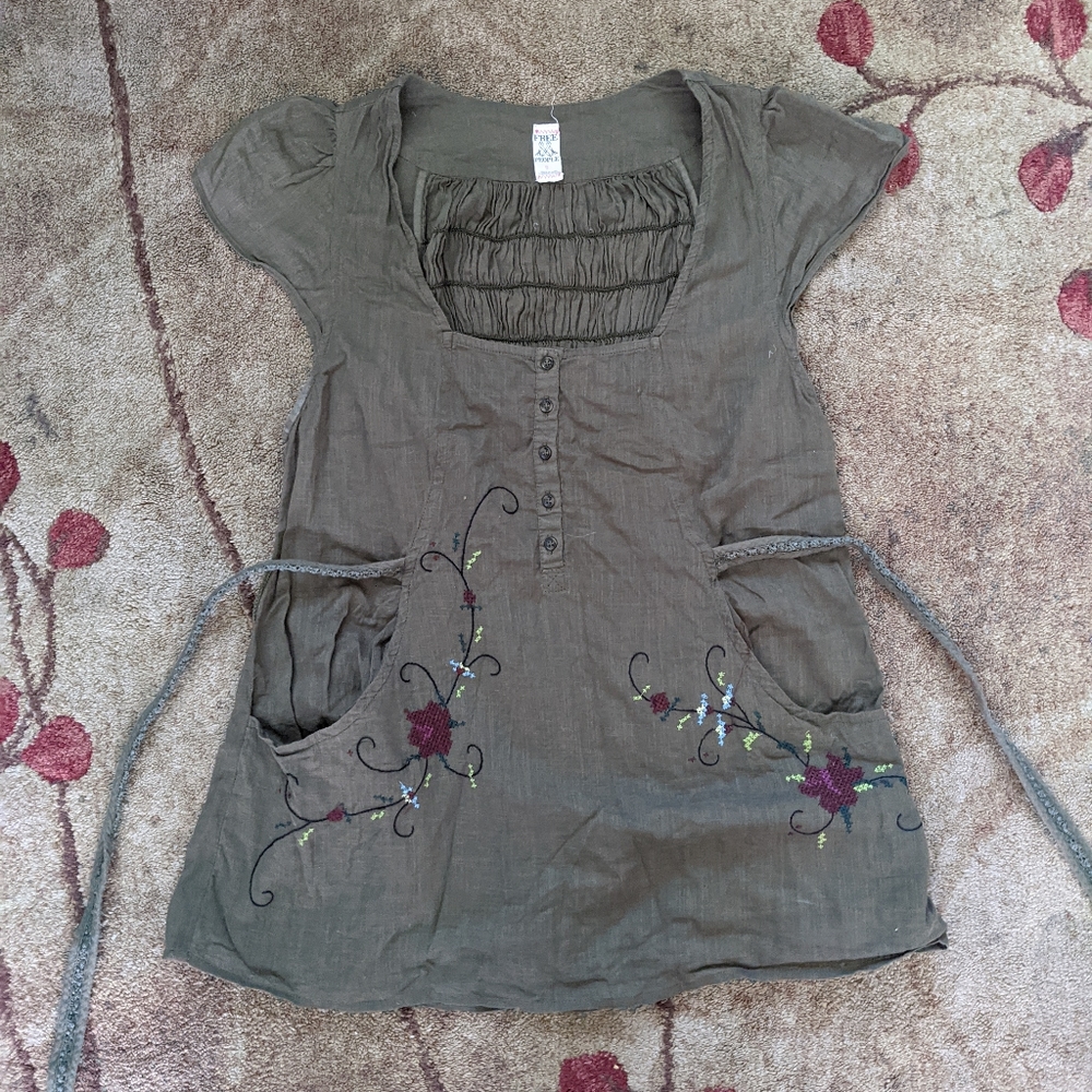 Free People Olive Green, Embroidered top with pockets.